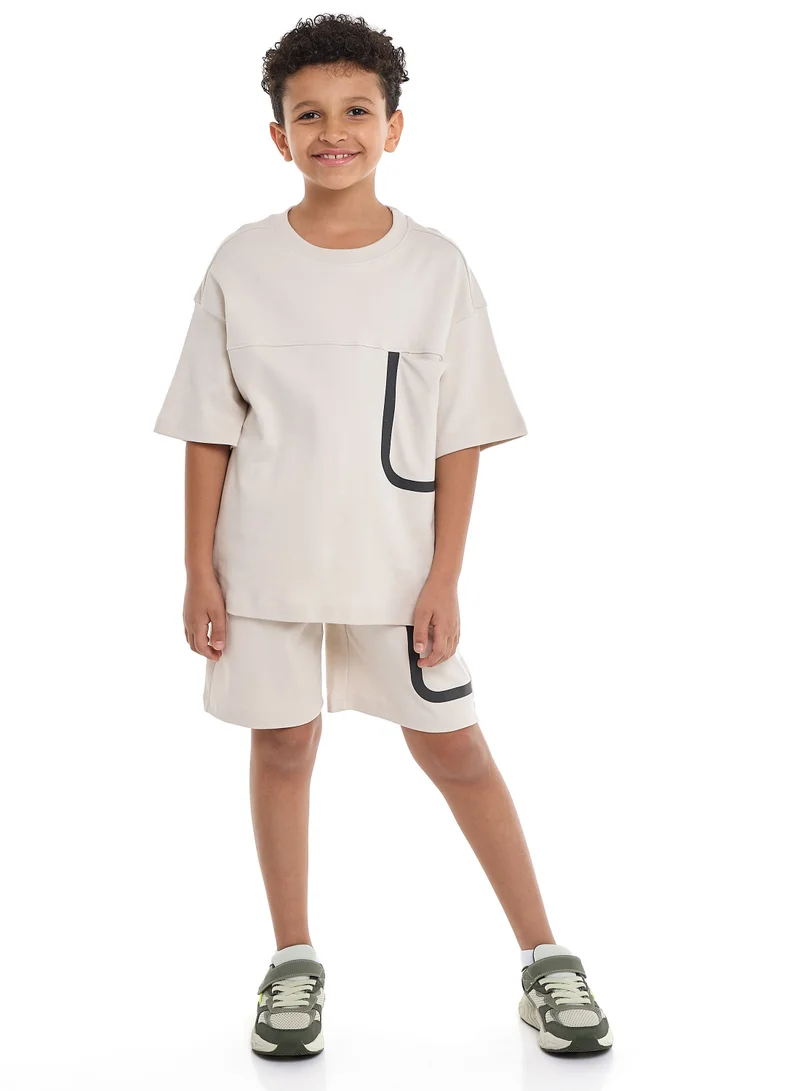 victor and jane Oversized - Boys' Jacquard 2-Piece Set - T-Shirt and Matching Shorts with Pocket Detail