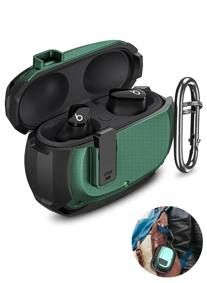 Beats Studio Buds Case, Secure Lock Hard Shell Protective Skin Cover Shockproof Case, with Carabiner Support Wireless Charge (Black+Green)  - Image 1