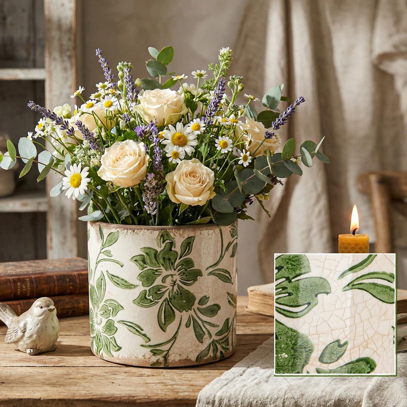 Potchen Indoor Ceramic Plant Pots with Drainage Hole 5 Inch Chinese Glaze Ice Crack Flower Pot Vintage Succulent Pots Porcelain Decorative Planter for Plants Herb Home Decor(Green,Leaves Style) - Image 4