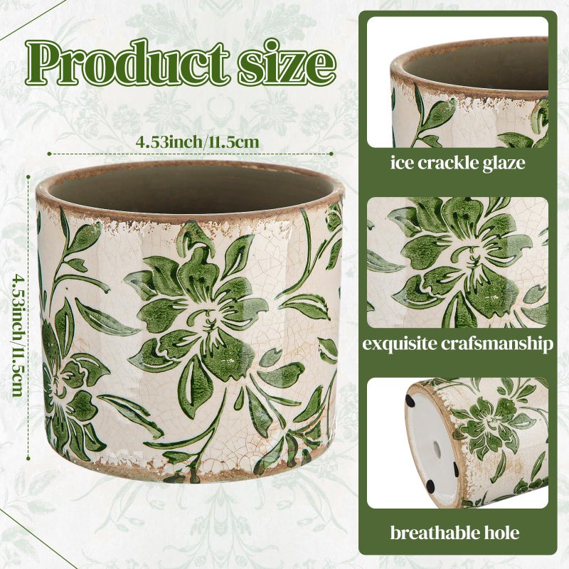Potchen Indoor Ceramic Plant Pots with Drainage Hole 5 Inch Chinese Glaze Ice Crack Flower Pot Vintage Succulent Pots Porcelain Decorative Planter for Plants Herb Home Decor(Green,Leaves Style) - Image 2