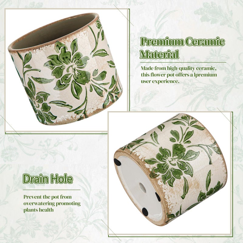 Potchen Indoor Ceramic Plant Pots with Drainage Hole 5 Inch Chinese Glaze Ice Crack Flower Pot Vintage Succulent Pots Porcelain Decorative Planter for Plants Herb Home Decor(Green,Leaves Style) - Image 3