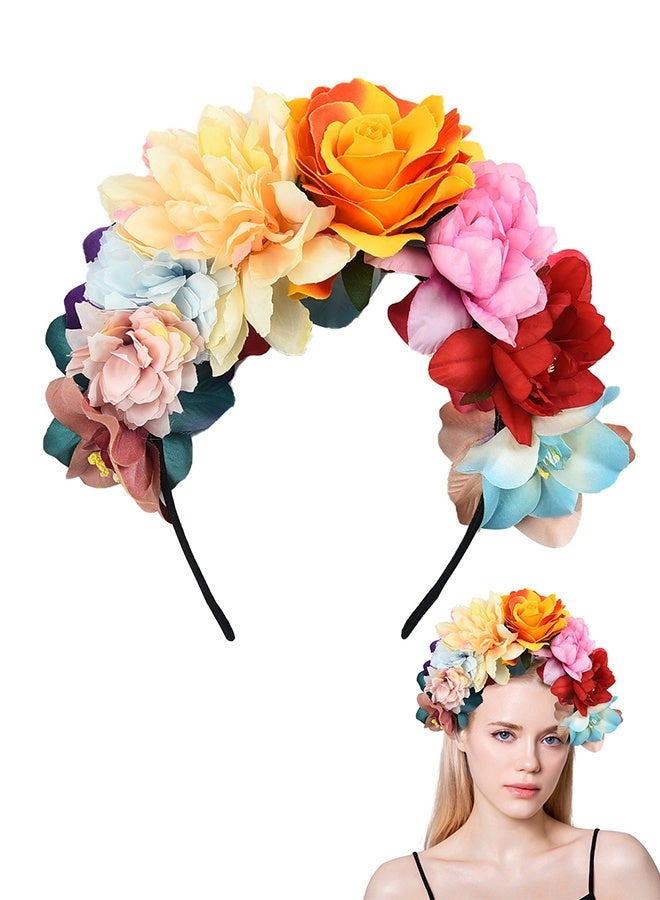 Lemon Mexican Rose Flower Crown Headband, Floral Hairbands Cosplay Headwear Hair Accessory for Halloween Wedding Party - Image 1