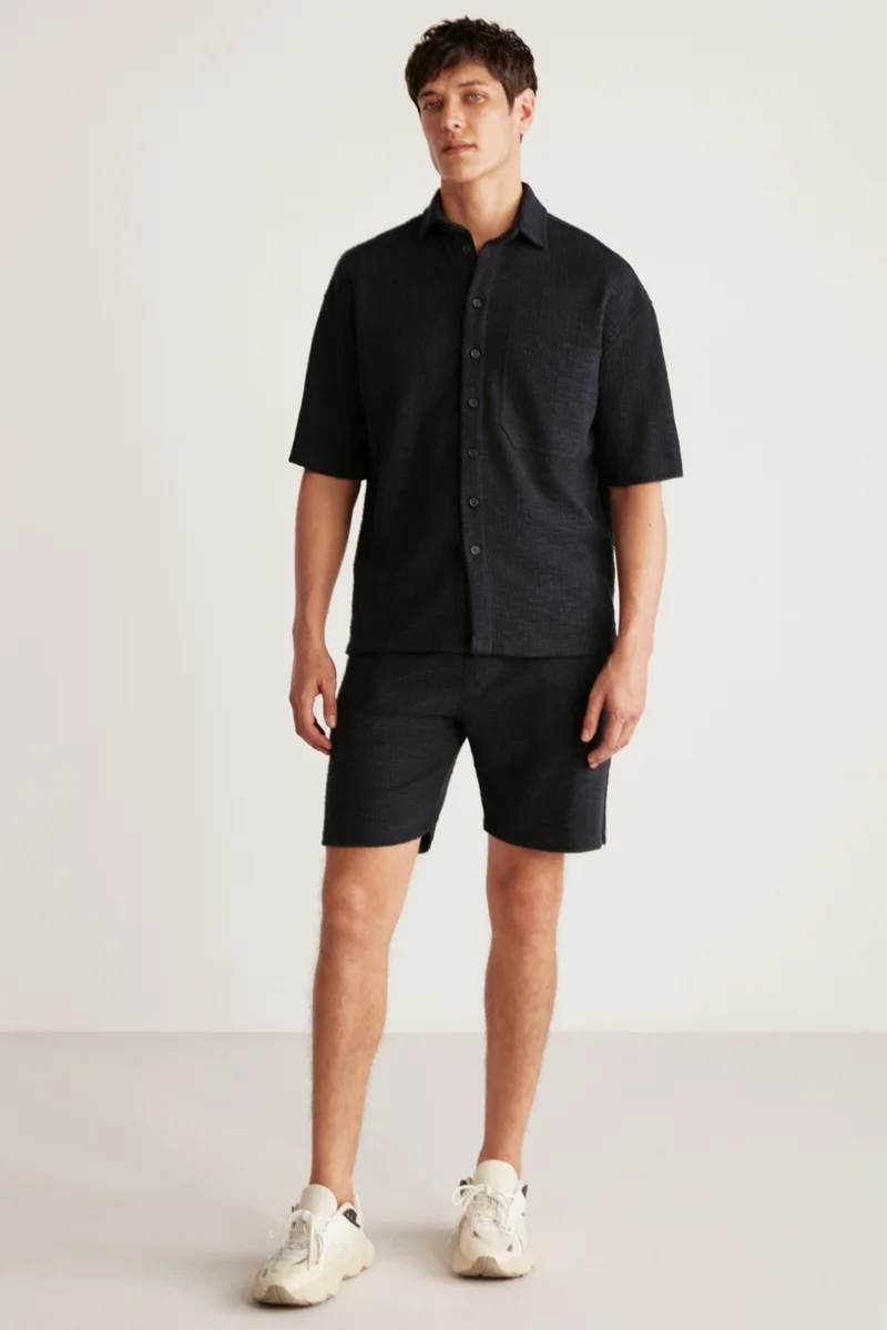 GRIMELANGE Umberto Men's Special Rustic Fabric Textured Relaxed Fit Navy Blue Shirt