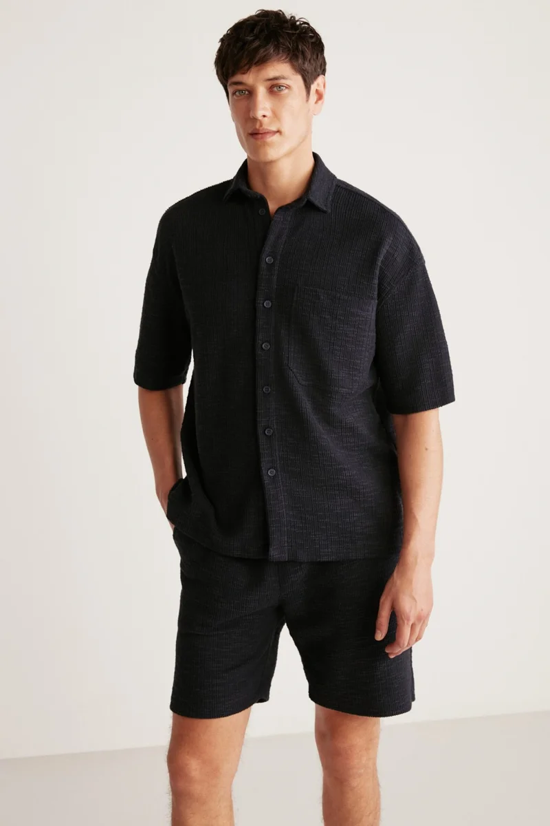 GRIMELANGE Umberto Men's Special Rustic Fabric Textured Relaxed Fit Navy Blue Shirt