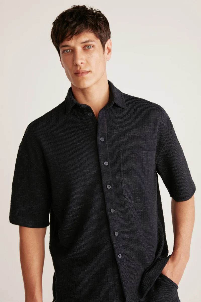 GRIMELANGE Umberto Men's Special Rustic Fabric Textured Relaxed Fit Navy Blue Shirt