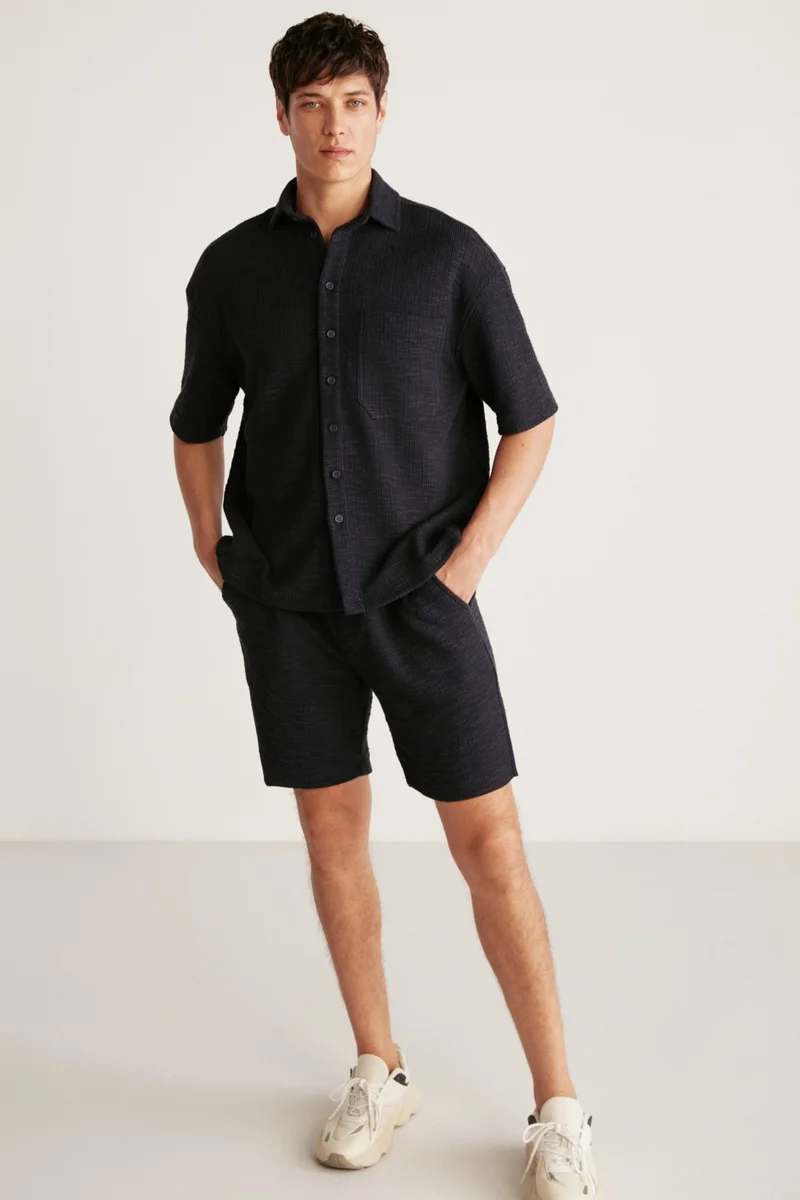 GRIMELANGE Umberto Men's Special Rustic Fabric Textured Relaxed Fit Navy Blue Shirt