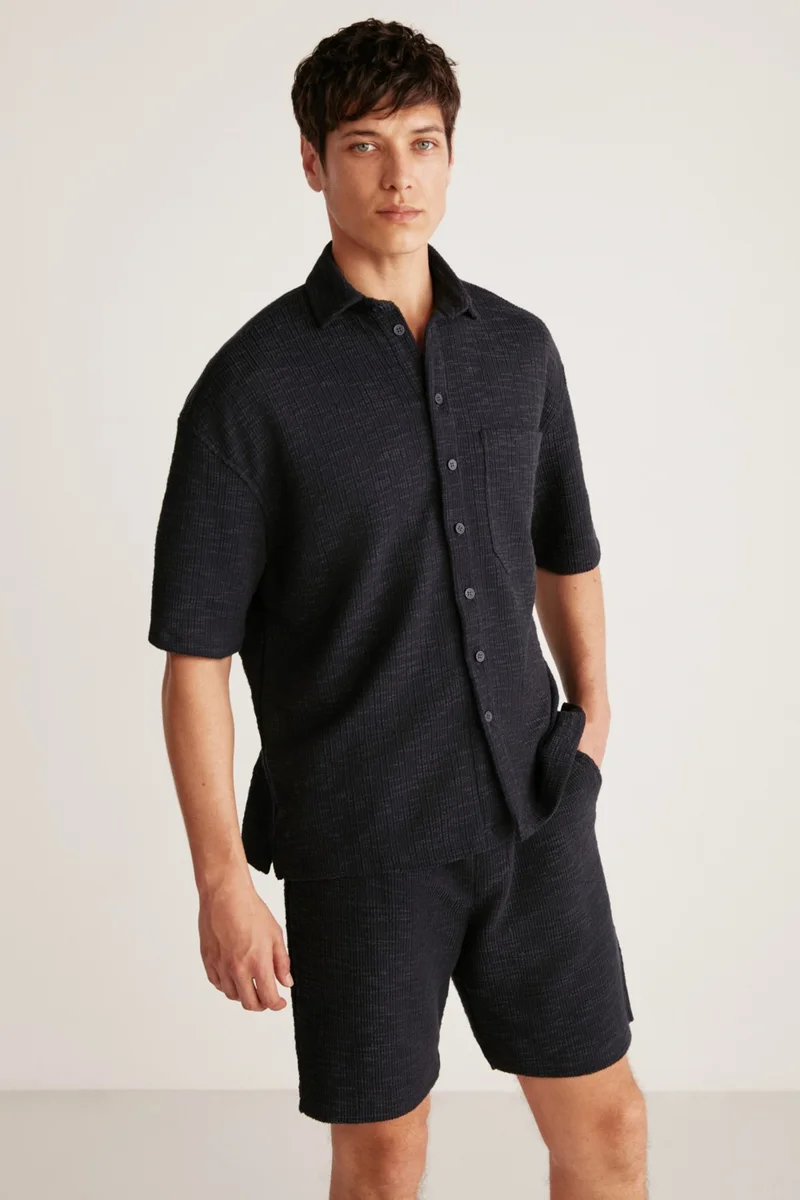 GRIMELANGE Umberto Men's Special Rustic Fabric Textured Relaxed Fit Navy Blue Shirt