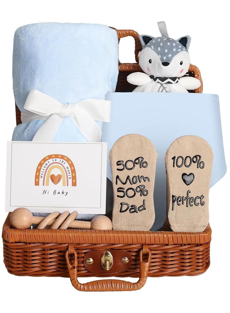 NNEWVANTE Baby Gift Basket, Newborn Gift Set with Baby Rattle, Newborn Baby Gift Set, Newborn Baby Gifts, Medium Baby Gift Basket Kit for Expecting Moms(BLUE)… - Image 1