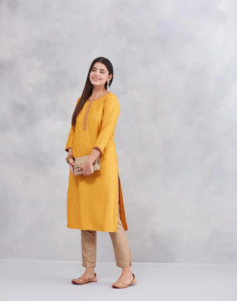 Fabindia Mustard Viscose Silk Embroidered Slim Fit Long Kurta