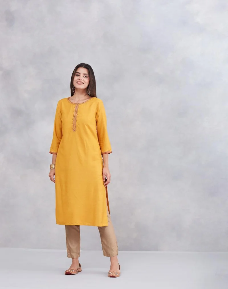 Fabindia Mustard Viscose Silk Embroidered Slim Fit Long Kurta
