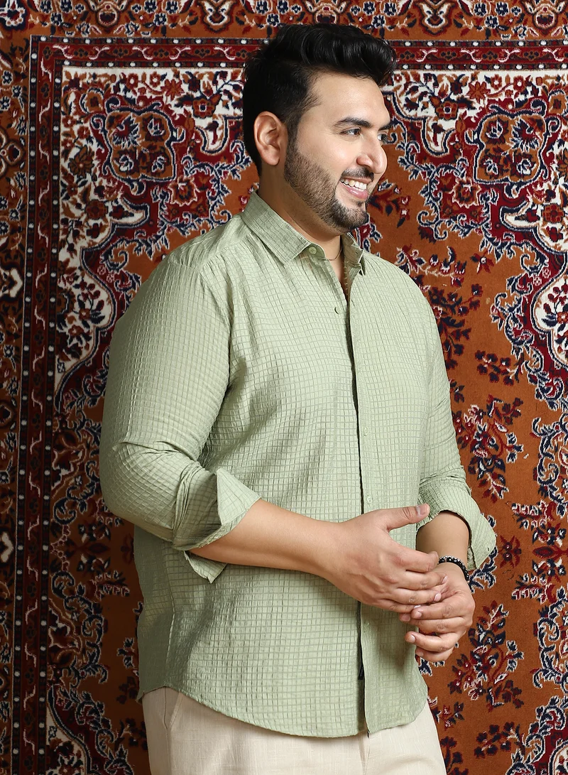 Instafab Plus  Instafab Plus Men's Light Pistachio Grid-Tactura Shirt For Casual Wear | Spread Collar | Long Cuffed Sleeves | Button Closure | Plus Size Shirt Crafted With Comfort Fit For Everyday Wear for Men | Best Price UAE