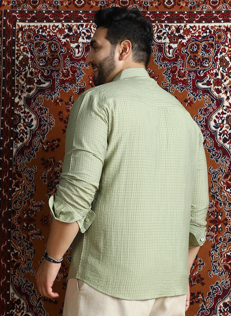 Instafab Plus  Instafab Plus Men's Light Pistachio Grid-Tactura Shirt For Casual Wear | Spread Collar | Long Cuffed Sleeves | Button Closure | Plus Size Shirt Crafted With Comfort Fit For Everyday Wear for Men | Best Price UAE