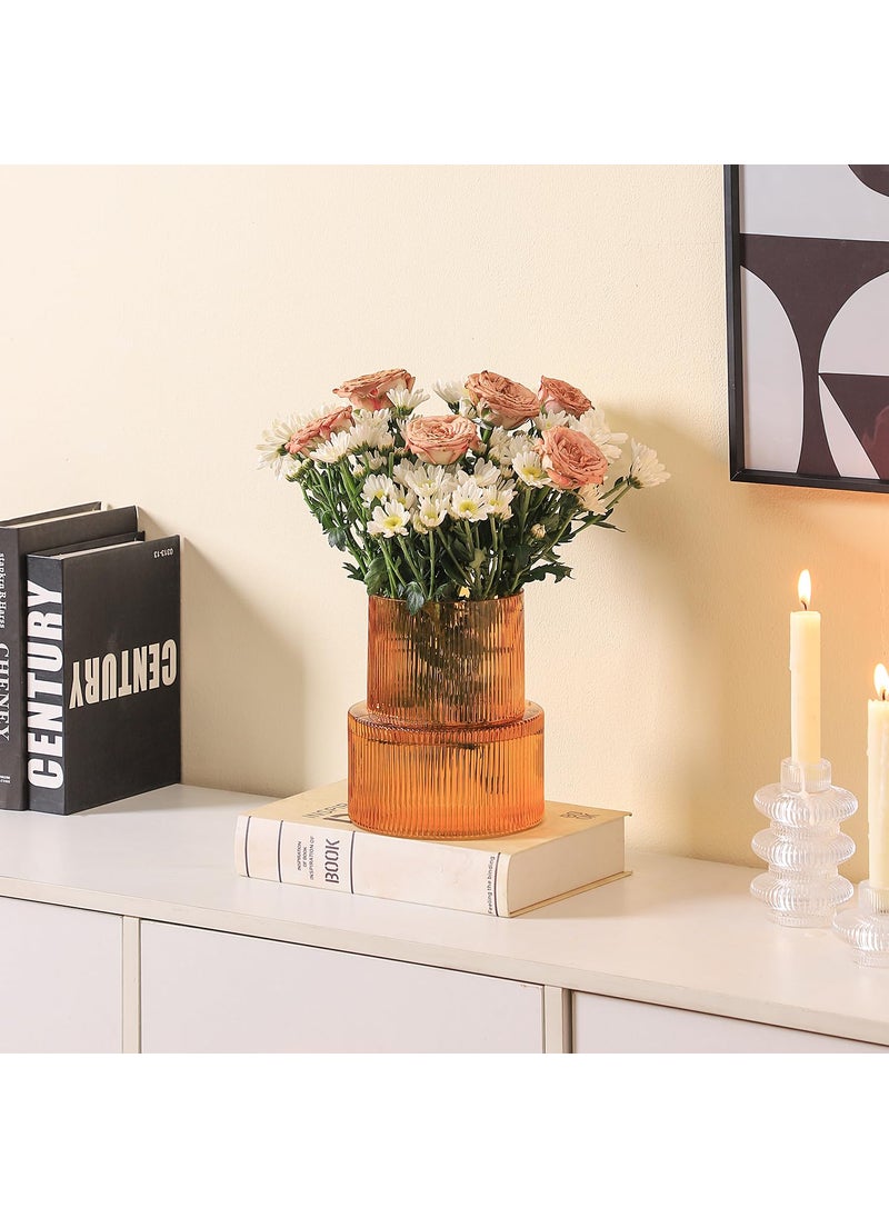 yanwe1 YANWE1 Amber Glass Vase  Ribbed Glass Vase  Fluted Glass Vase  Flower Vase  Ribbed Vase for Flowers  Modern Vase for Living Room  Dining Table  Entryway  Mantle  Shelf  Wedding  Office  7.5 Inches  - Image 5