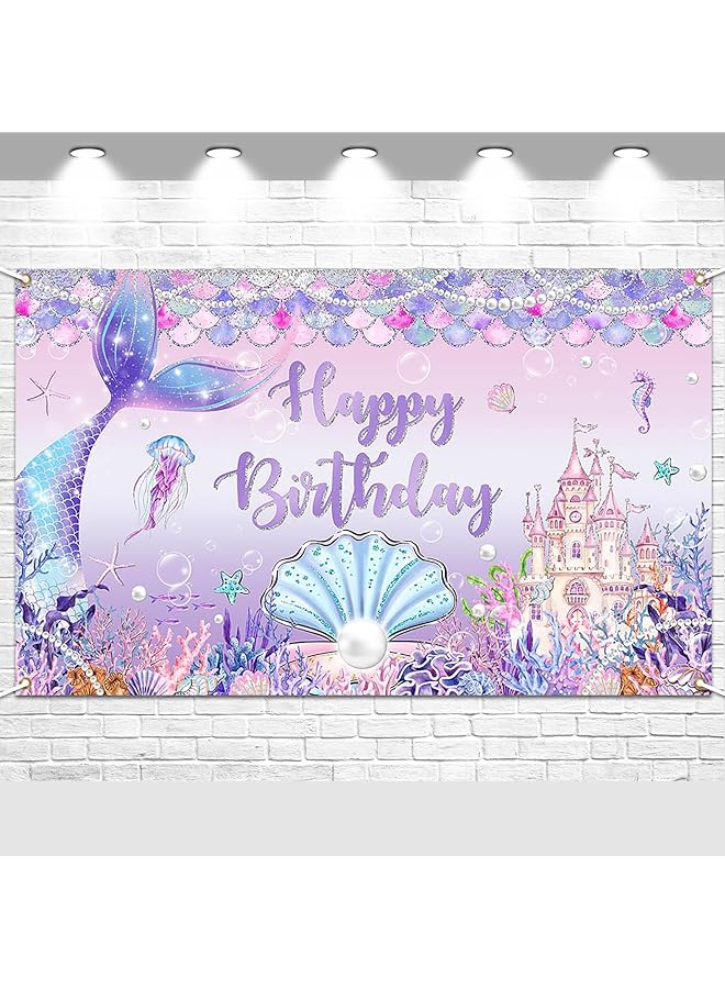 erorex Mermaid Birthday Banner Under The Sea Backdrop For Girls Birthday Party Decoration Mermaid Tail Princess Castle Colorful Scales Photo Booth Props 70.8X43.3 Inch 180X110Cm - Image 1
