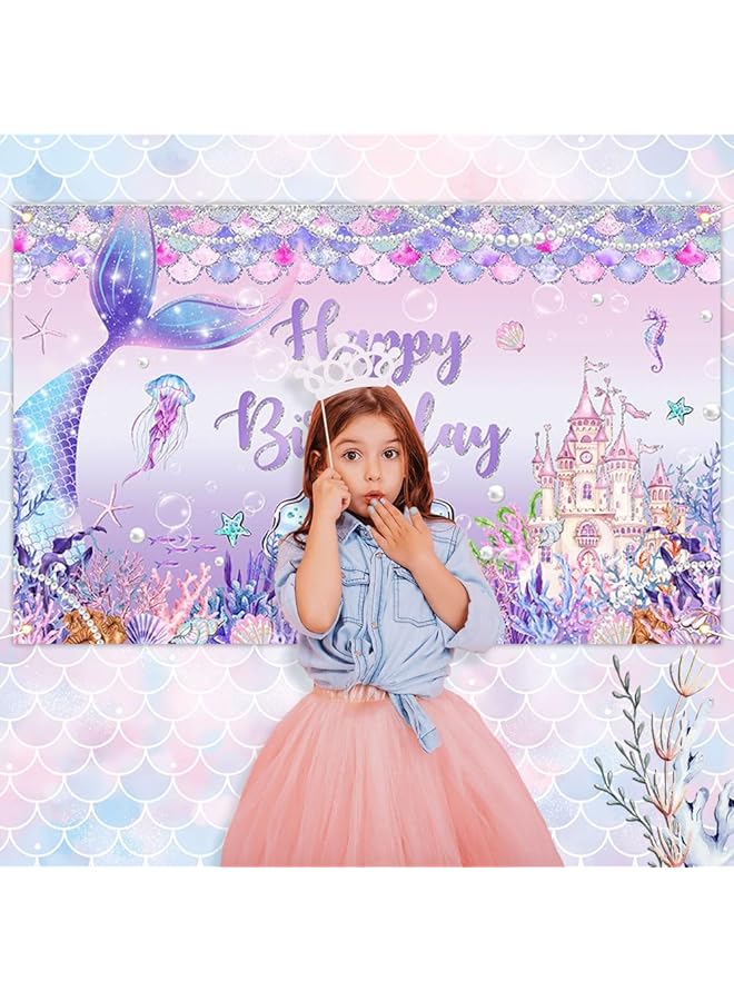 erorex Mermaid Birthday Banner Under The Sea Backdrop For Girls Birthday Party Decoration Mermaid Tail Princess Castle Colorful Scales Photo Booth Props 70.8X43.3 Inch 180X110Cm - Image 2