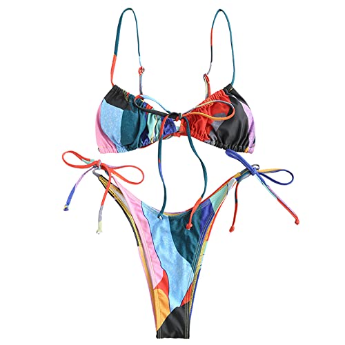 ZAFUL Womens High Cut Thong Bikini Set Swimsuits Cami String Sexy Bathing Suit Multicoloured - Image 1