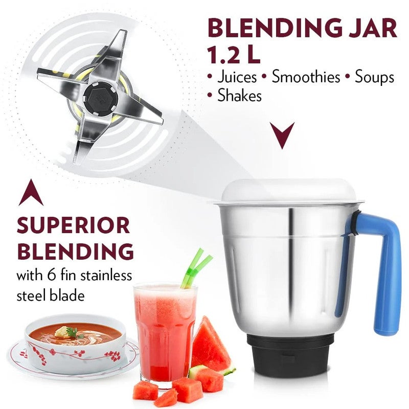 BOROSIL Multi Purpose 3 In 1  Blender 500W Mixer Grinder | Powerful Motor, Speed Control With Pulse | 1.2L Unbreakable Big Jar, Grinder Jar, Meat Mincer Jar, | Wet & Dry Grinding - Image 4