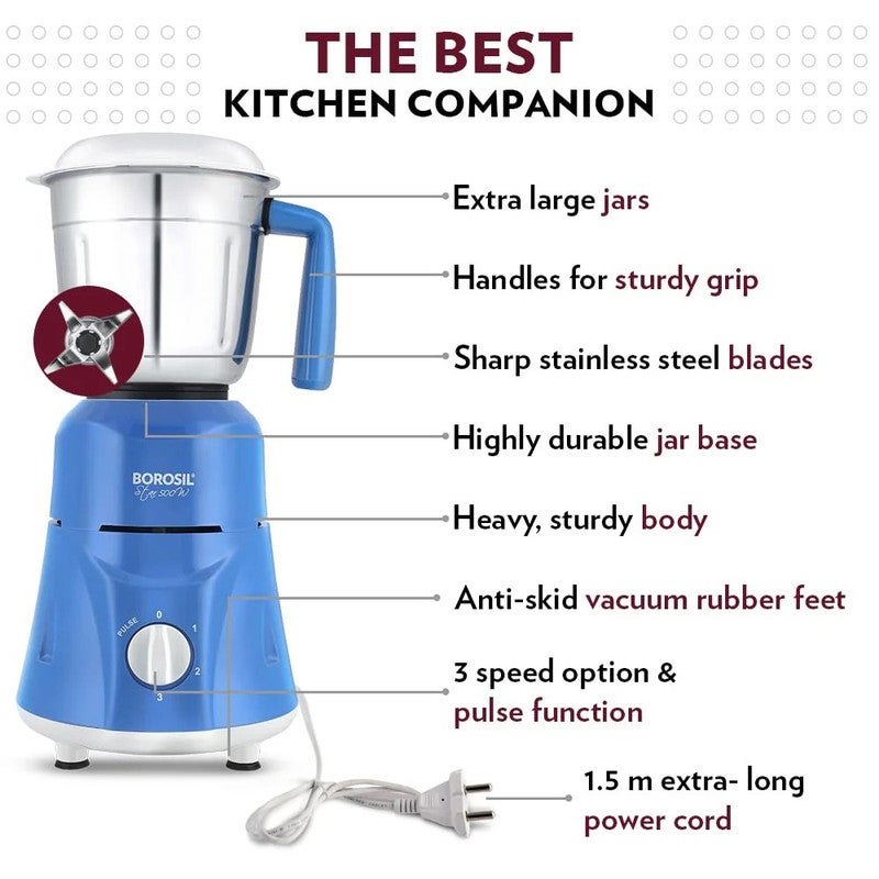 BOROSIL Multi Purpose 3 In 1  Blender 500W Mixer Grinder | Powerful Motor, Speed Control With Pulse | 1.2L Unbreakable Big Jar, Grinder Jar, Meat Mincer Jar, | Wet & Dry Grinding - Image 2