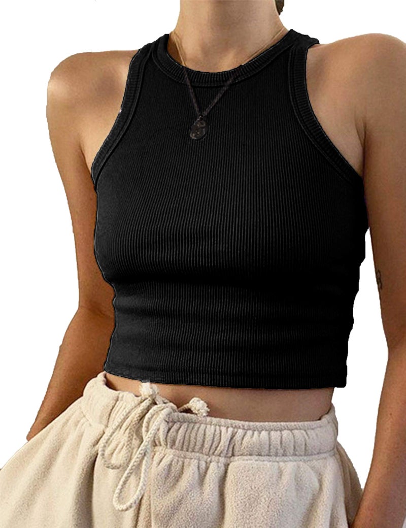 KAMISSY Cotton Rib-Knit Racerback Basic Tank Tops for Women Girls Sleeveless Vest Binding Y2k Crop Tank Top Black XS - Image 1