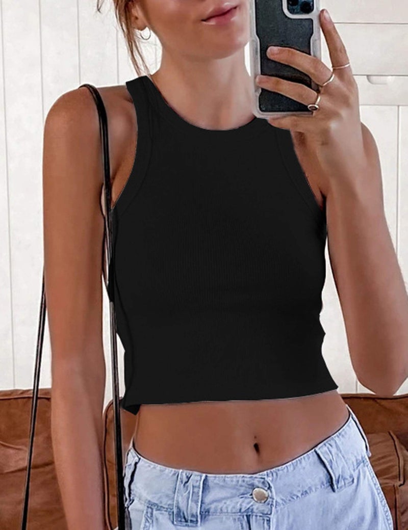 KAMISSY Cotton Rib-Knit Racerback Basic Tank Tops for Women Girls Sleeveless Vest Binding Y2k Crop Tank Top Black XS - Image 4