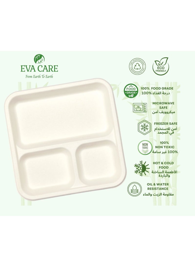 Eva Care - 9" SQUARE 3 COMPARTMENT DISPOSABLE PLATES (BIODEGRADABLE, PACK OF 10) - Image 1