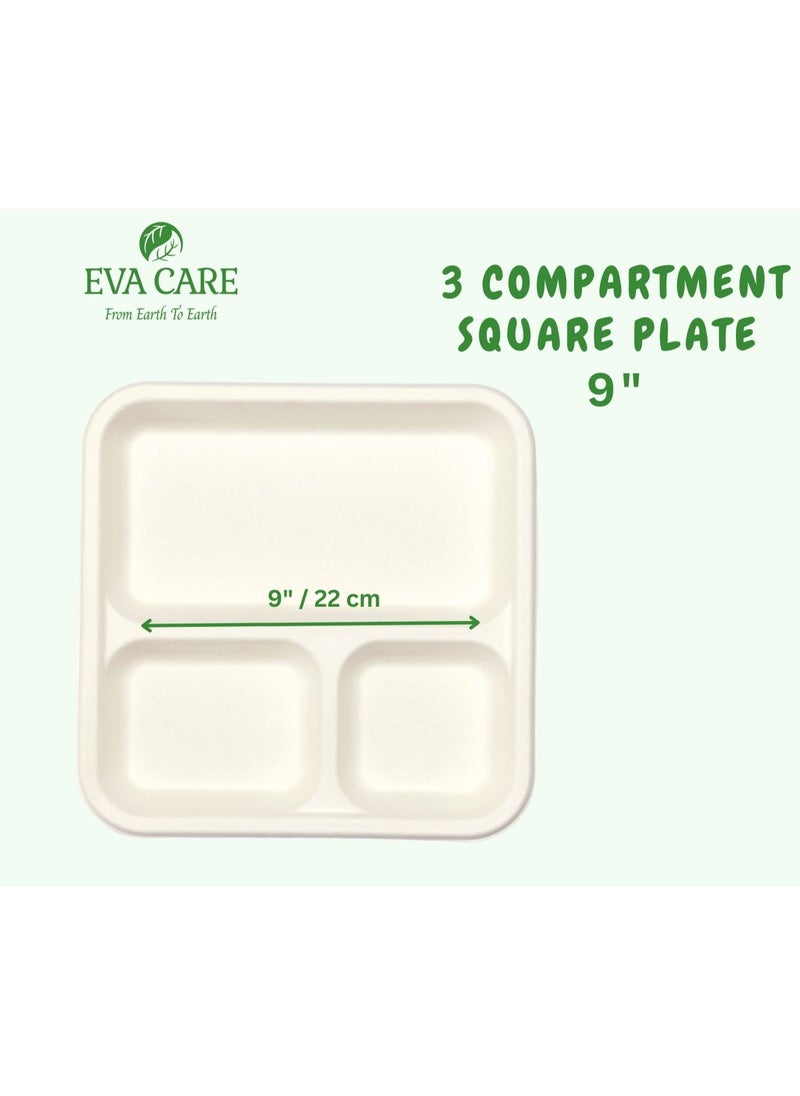 Eva Care - 9" SQUARE 3 COMPARTMENT DISPOSABLE PLATES (BIODEGRADABLE, PACK OF 10) - Image 1