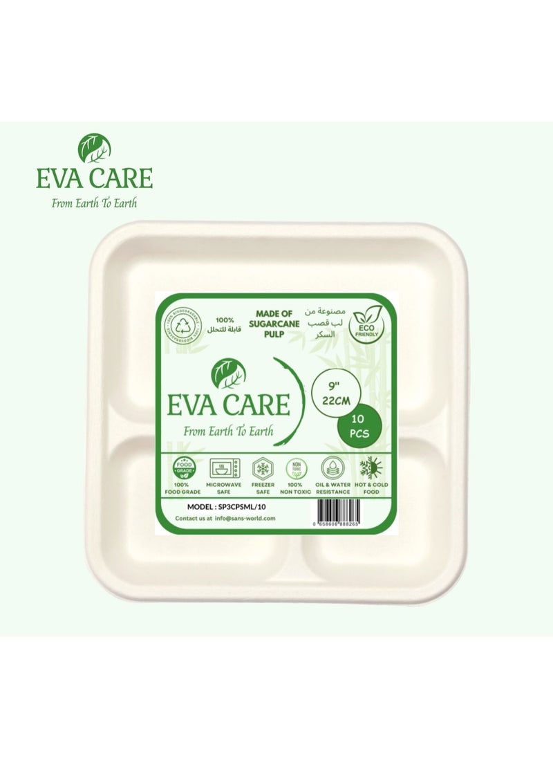 Eva Care - 9" SQUARE 3 COMPARTMENT DISPOSABLE PLATES (BIODEGRADABLE, PACK OF 10) - Image 1