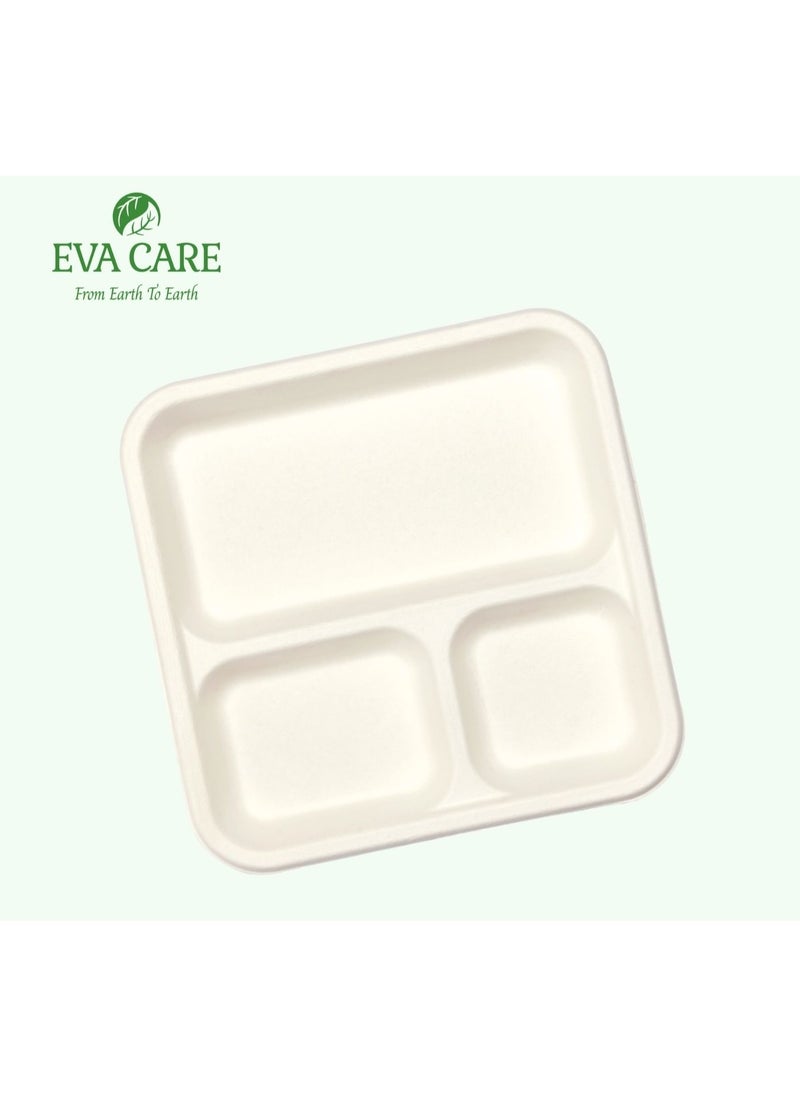 Eva Care - 9" SQUARE 3 COMPARTMENT DISPOSABLE PLATES (BIODEGRADABLE, PACK OF 10) - Image 1