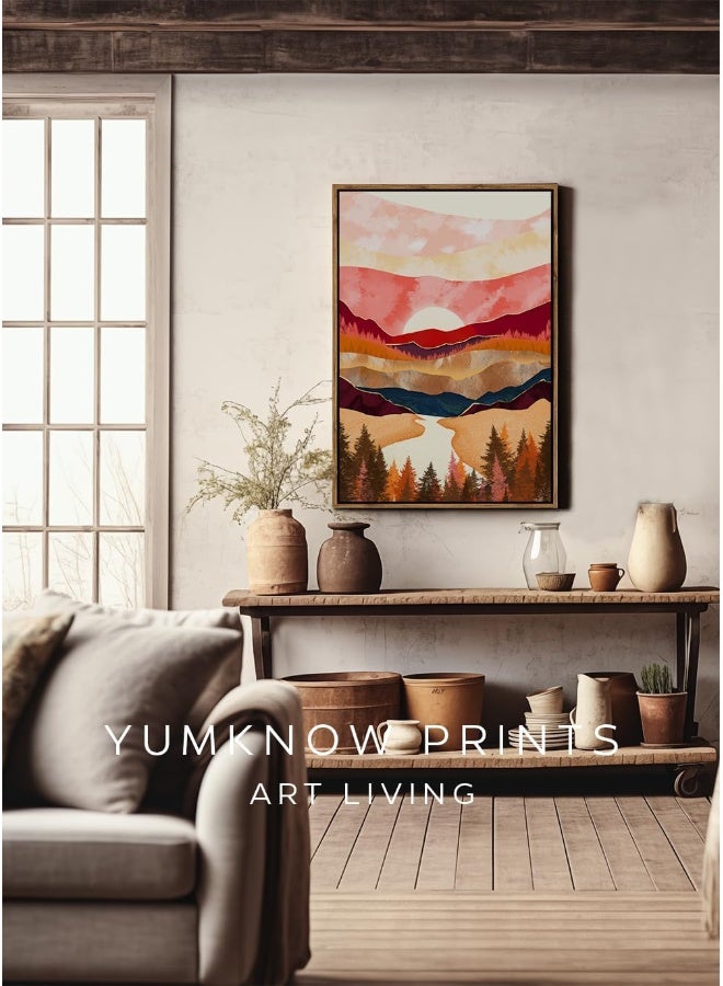 YUMKNOW Framed Canvas Wall Art for Bedroom - Large Oversize 24x36 Ready to Hang Living Room - Modern Boho Neutral Room Decor - Orange Earthy Tone Mountain Forest Moon Sun - Fall Autumn Trees Abstract Nature - Image 4