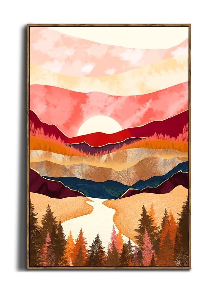 YUMKNOW Framed Canvas Wall Art for Bedroom - Large Oversize 24x36 Ready to Hang Living Room - Modern Boho Neutral Room Decor - Orange Earthy Tone Mountain Forest Moon Sun - Fall Autumn Trees Abstract Nature - Image 1