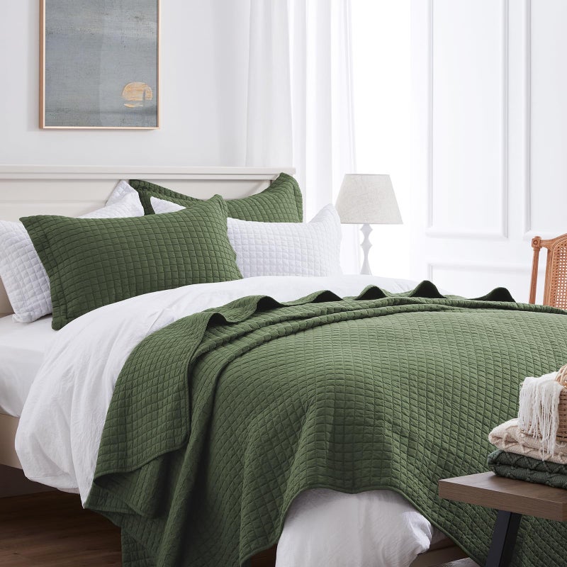 SunStyle Home Olive Green Quilt King Size, Lightweight Comforter Blanket Bedspread Soft Reversible Coverlet for All Season 3pcs Army Green Square Quilted Bedding Set (1 Quilt 2 Pillow Shams)(106"x96") - Image 1
