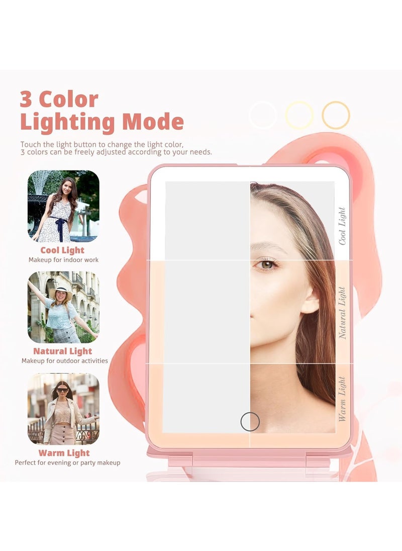 YQbest Travel Vanity Mirror - Rechargeable, 10X Magnifying LED Makeup Mirror, 3-Color Lighting, Dimmable Touch Screen, Foldable Tabletop Cosmetic Mirror, Pink  - Image 2