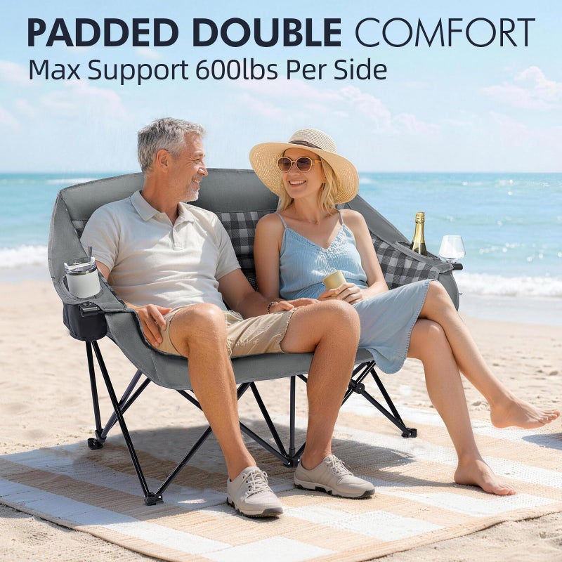 PUVASIA Double Camping Chairs Padded Loveseat Chair for 2 Person - Heavy Duty Oversized Camping Couch for Adults Outdoor Lawn Beach Portable Folding Sofa with Cup Holders Support 600lbs, Grey - Image 2