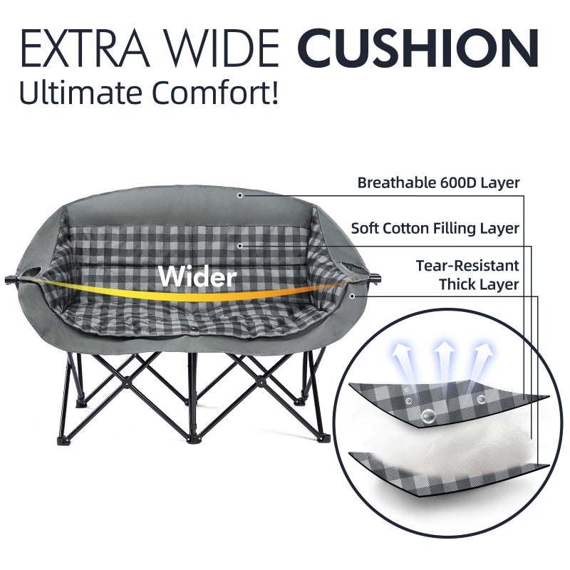 PUVASIA Double Camping Chairs Padded Loveseat Chair for 2 Person - Heavy Duty Oversized Camping Couch for Adults Outdoor Lawn Beach Portable Folding Sofa with Cup Holders Support 600lbs, Grey - Image 3