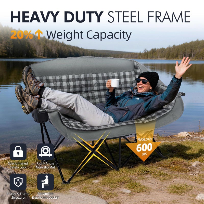 PUVASIA Double Camping Chairs Padded Loveseat Chair for 2 Person - Heavy Duty Oversized Camping Couch for Adults Outdoor Lawn Beach Portable Folding Sofa with Cup Holders Support 600lbs, Grey - Image 5