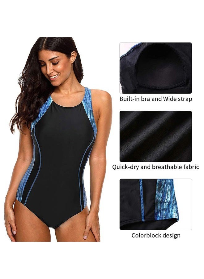 CharmLeaks Women's Competitive Athletic One Piece Swimsuit Racerback Training Swimwear Bathing Suits, Black/Blue Stripe, M - Image 5