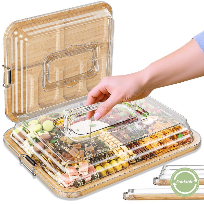 Charcuterie Boards with Foldable Lid Portable Bamboo Cheese Board with 6 Compartments Clear Locking Lid and Handle Easy to Store Suitable for Picnics Camping Parties  Housewarming Gifts