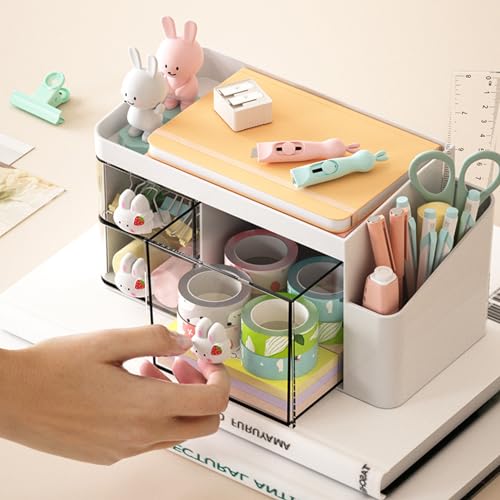 Zyners Desk Organizer with Pencil Holder and 3 Drawers, Desk Accessories Holder for Desk, Desktop Stationery Organizer for Office Home School Dressing Table(Rabbit Handle) - Image 4