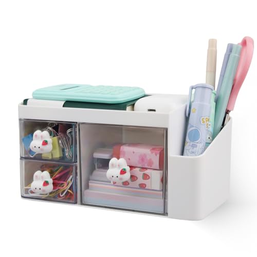 Zyners Desk Organizer with Pencil Holder and 3 Drawers, Desk Accessories Holder for Desk, Desktop Stationery Organizer for Office Home School Dressing Table(Rabbit Handle) - Image 1