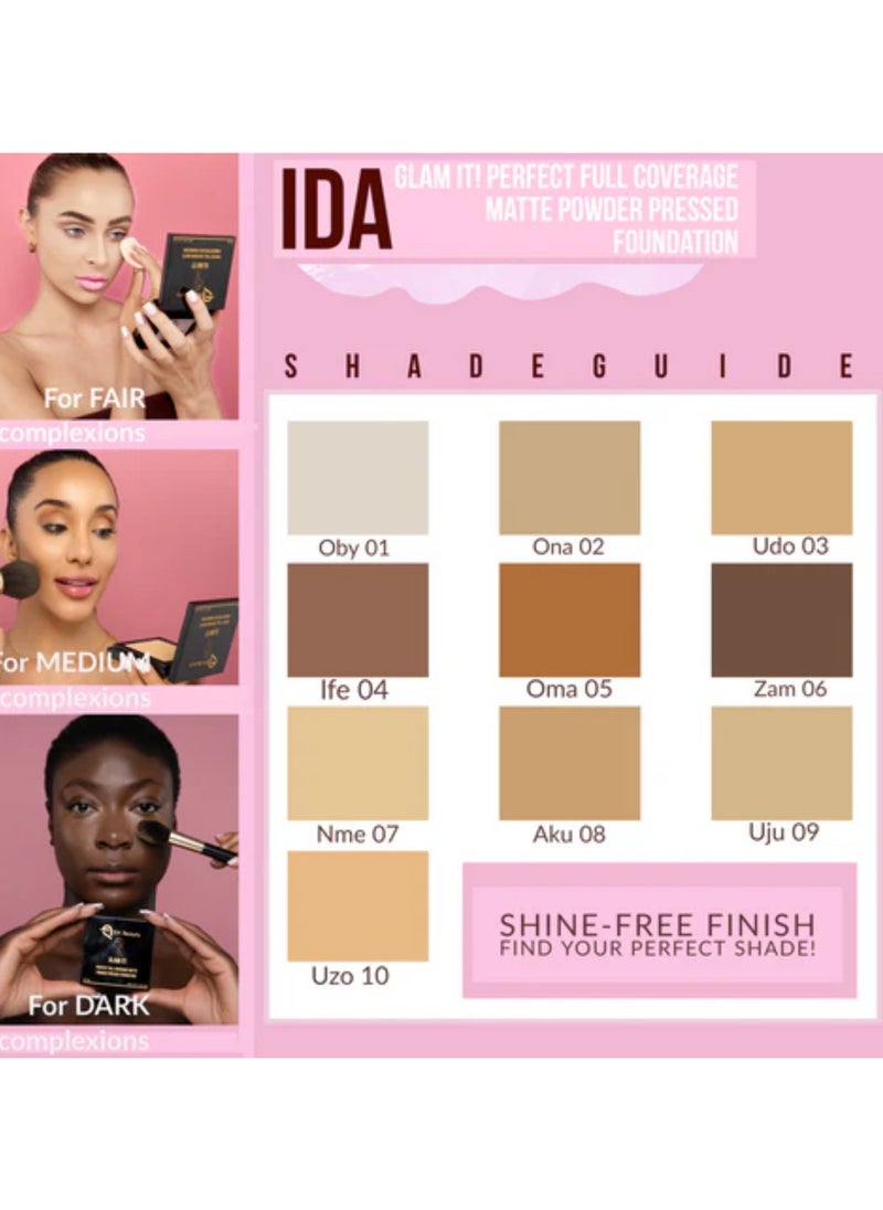 IDA Beauty - Glam It! Perfect Full Coverage Matte Powder Pressed Foundation | 2-in-1 Setting & Foundation | Matte Finish, Long-Lasting, Lightweight | Vegan, Halal, Cruelty-Free - Image 1