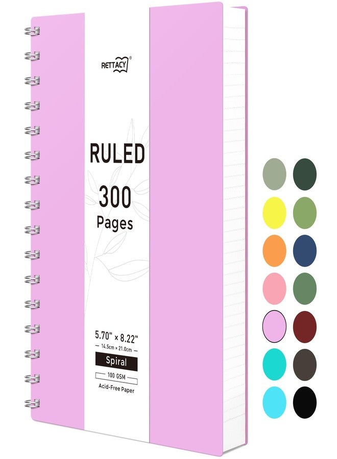 RETTACY Spiral College Ruled Notebook, 300 Pages, A5 Medium Size (5.7" x 8.2"), for School, Work, Writing, Journaling, 100 GSM Thick Paper, Flexible Plastic Cover (Lilac) - Image 1