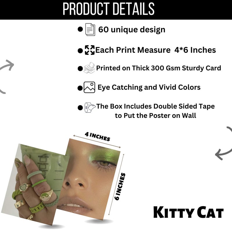 Kitty Cat Green Saga Wall Collage Kit for Room Decor Set of 60 Aesthetic Posters 300 GSM Water Resistant Paper Size 4x6 Inch Unframed Comes With Double Sided Tissue Tape Roll - Image 2