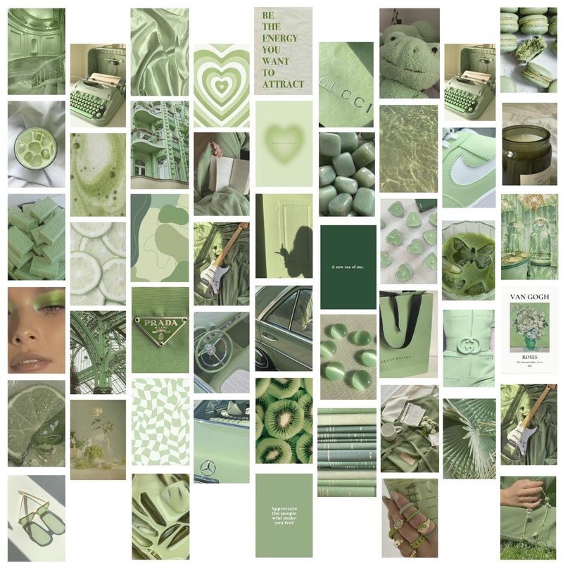 Kitty Cat Green Saga Wall Collage Kit for Room Decor Set of 60 Aesthetic Posters 300 GSM Water Resistant Paper Size 4x6 Inch Unframed Comes With Double Sided Tissue Tape Roll - Image 1