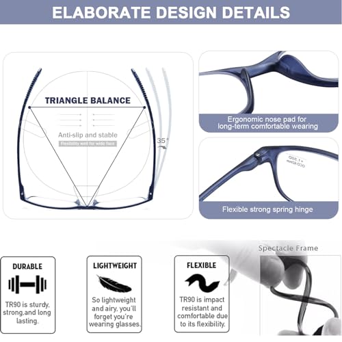 AQWANO 2.5 Reading Glasses for Men Women, Blue Light Blocking Computer Readers, 4 Pack TR90 Flexible Unbreakable Frames Lightweight Cheaters - Image 5