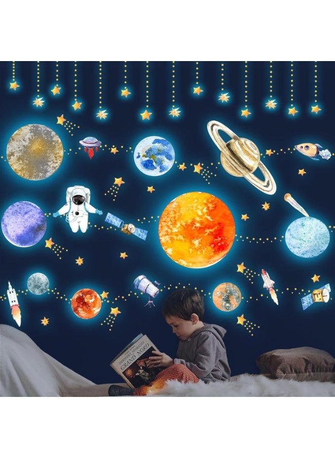 أجريون ​​كواكب ونجوم ملصقات جدار تتوهج في الظلام، ملصقات جدار نظام شمسي فلورية لأولاد أطفال، ملصقات رائد فضاء جدار ديكور نظام شمسي لغرفة نوم طفل حضانة غرفة معيشة - Image 5