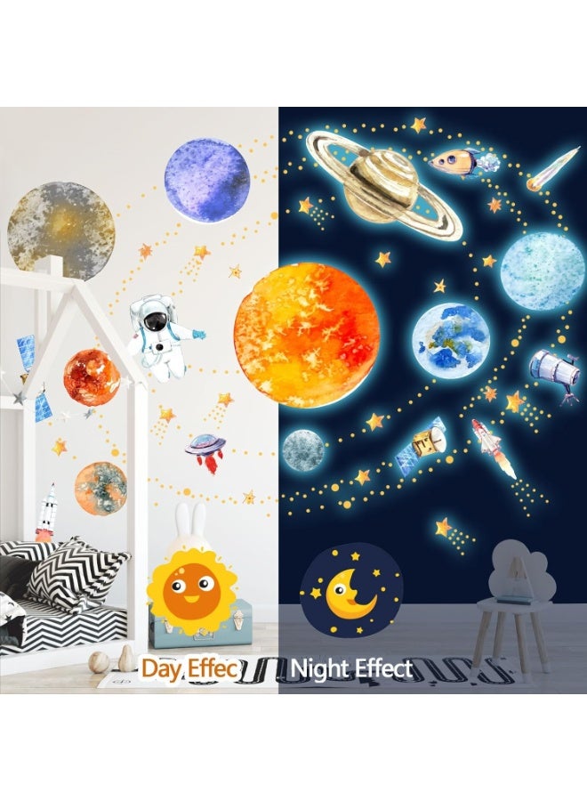 أجريون ​​كواكب ونجوم ملصقات جدار تتوهج في الظلام، ملصقات جدار نظام شمسي فلورية لأولاد أطفال، ملصقات رائد فضاء جدار ديكور نظام شمسي لغرفة نوم طفل حضانة غرفة معيشة - Image 2