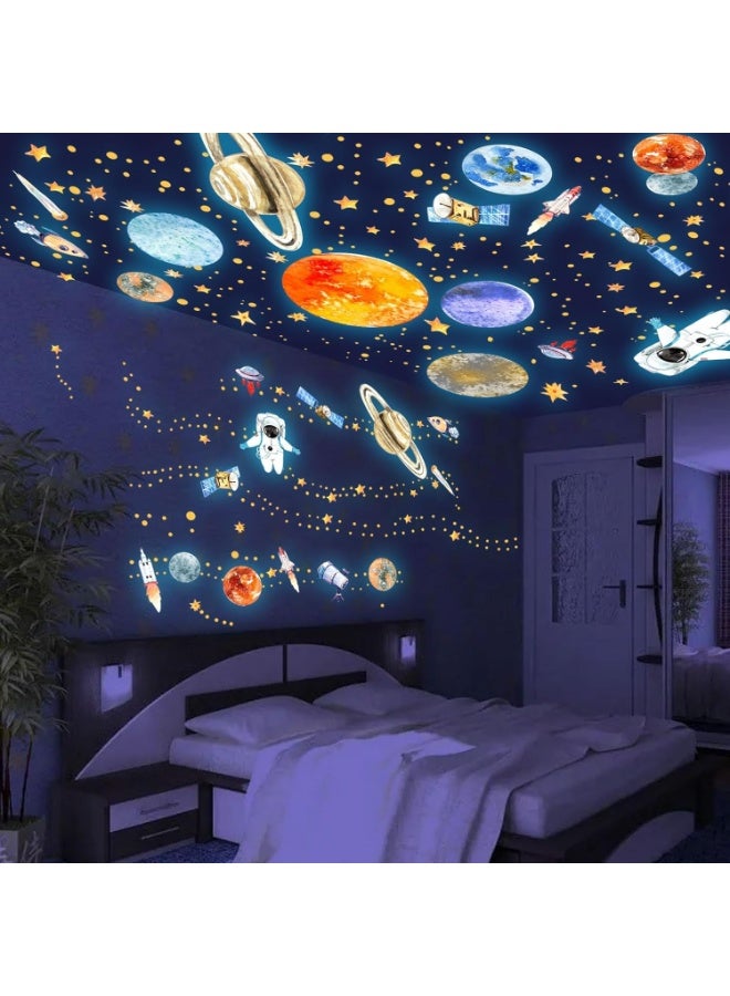 أجريون ​​كواكب ونجوم ملصقات جدار تتوهج في الظلام، ملصقات جدار نظام شمسي فلورية لأولاد أطفال، ملصقات رائد فضاء جدار ديكور نظام شمسي لغرفة نوم طفل حضانة غرفة معيشة - Image 3