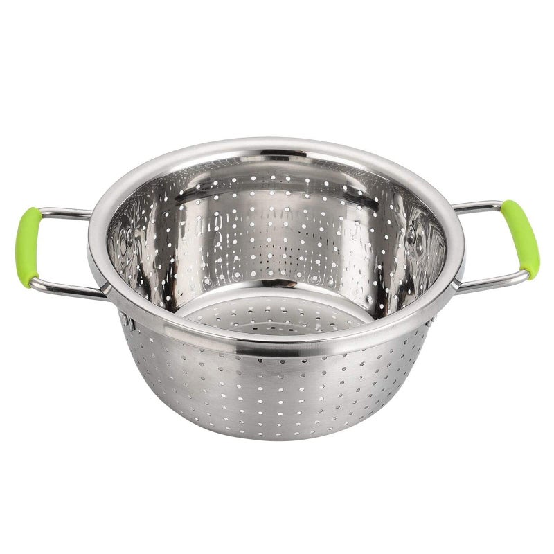Stainless Steel Deep Colander Microperforated 25 Quart Metal Food Strainer with Green Silicone Handles for Draining Pasta Cleaning Food like Fruit