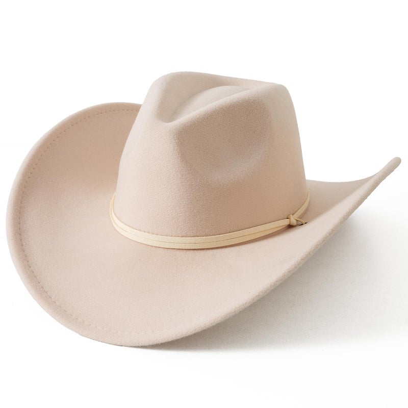 Lanzom Women Men Retro Felt Wide Brim Western Cowboy Cowgirl Hat Dress Up Hat with Wind Lanyard (Beige,Medium-Large) - Image 4