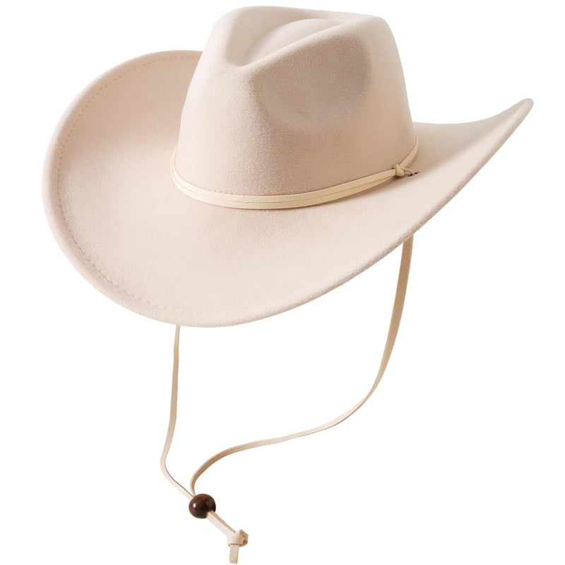 Lanzom Women Men Retro Felt Wide Brim Western Cowboy Cowgirl Hat Dress Up Hat with Wind Lanyard (Beige,Medium-Large) - Image 1